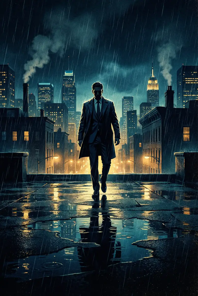 草莓视频免费 出品影片《雨夜独行者》海报，雨中城市屋顶男性剪影